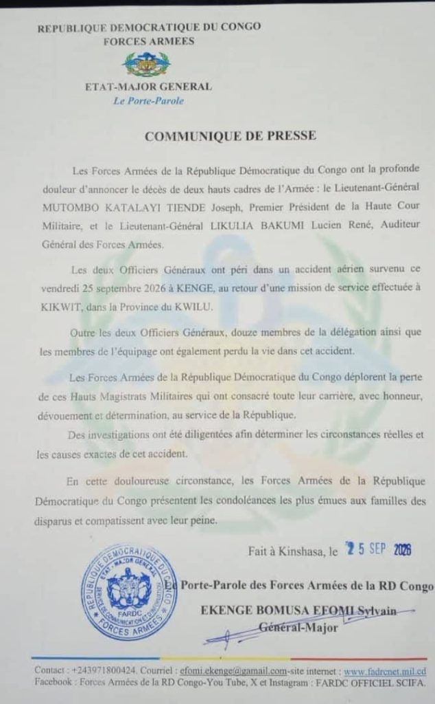 Crash de Kenge : 14 morts confirmés par les FARDC, dont deux généraux